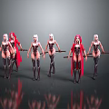 Group of Female Characters with White Hair Red Capes and Black Boots Holding Weapons