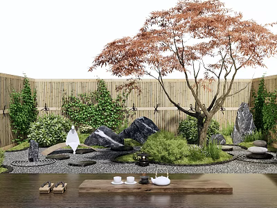 Zen Courtyard Garden with Red Maple Tree Bamboo Fence Stone Water Feature And Tea Set 3d model