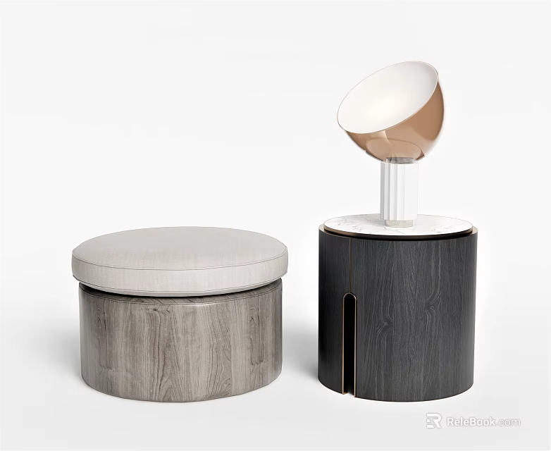 Light And Dark Gray Sofa Stools With Upholstered Seat Wooden Body And Round White Top 3d model 