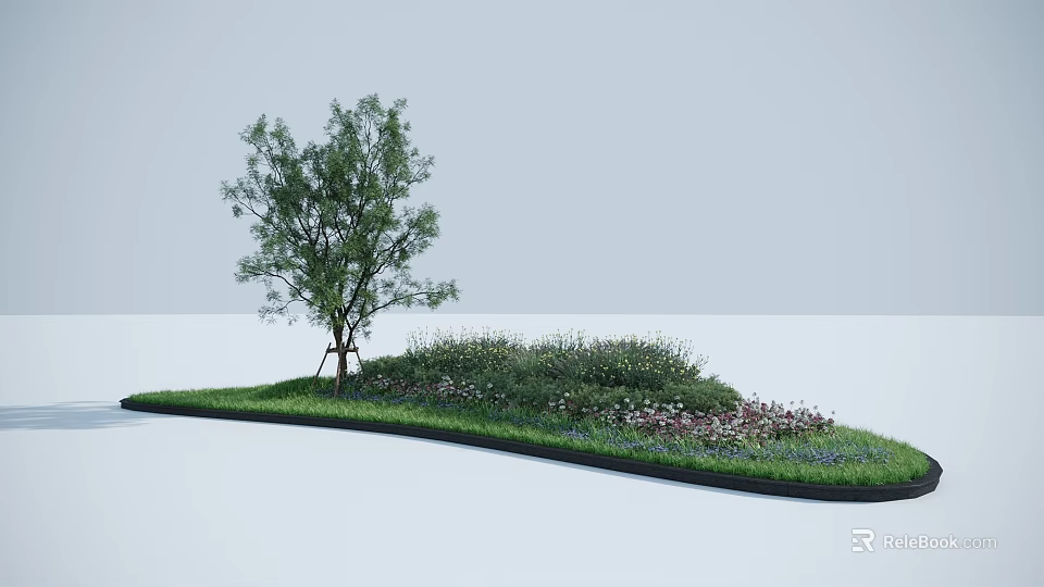 Garden Plant Combination Featuring a Tree and Low Growing Flowers in Green Grassy Area 3d model 