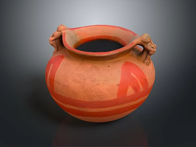 Ancient Pottery Jar with Animal Shaped Handles and Red White Stripes Design 3d model