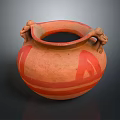 Ancient Pottery Jar with Animal Shaped Handles and Red White Stripes Design