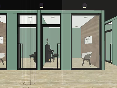 Modern Elevator Hallway Interior With Glass Doors Wooden Flooring Seating Chairs And Wall Art 3d model