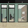 Modern Elevator Hallway Interior With Glass Doors Wooden Flooring Seating Chairs And Wall Art
