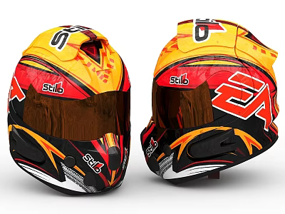 Yellow And Red Motorcycle Helmets With SDH Logo And Graphic Patterns Dual View 3d model