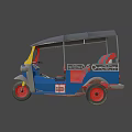 Three Wheeled Motorcycle With Blue Yellow Red Body Canopy Top And Seats
