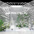 Floral Installation With Silver Reflective Material Geometric Lines White Triangular Structure And Green Plants 3d model