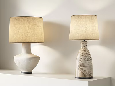 Two Stylish Table Lamps With Minimalist White Ceramic And Wood Grain Bases Beige Linen Shades 3d model