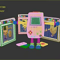 Yellow Handheld Game Console With Green Screen Blue Cards Pink Feet And Surrounding Boxes