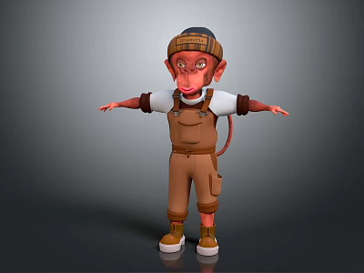Cartoon Monkey Character Wearing Brown Overalls White T-Shirt and Cap with Arms Outstretched 3d model