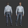 Man Wearing Light Blue Shirt And Blue Jeans Front And Back Views On Gray Background