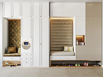 Elegant Modern Shoe Cabinet Design With Bench Drawers Coat Hooks And Storage Space 3d model
