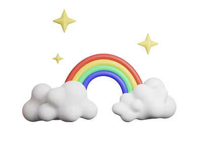 Colorful Rainbow Decorative Ornament Set with White Clouds and Golden Stars 3d model