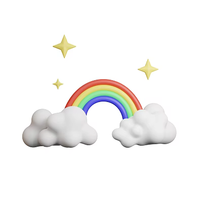 Colorful Rainbow Decorative Ornament Set with White Clouds and Golden Stars 3d model