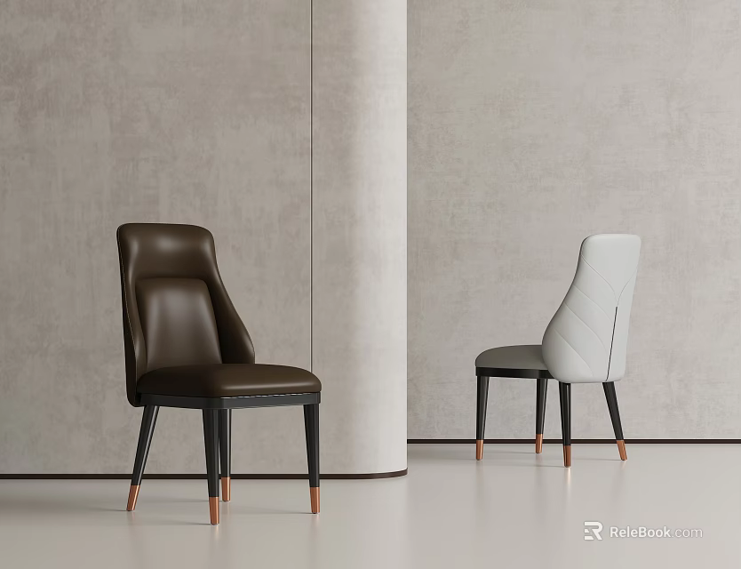 Modern Leather Dining Chairs In Brown And White With Black And Copper Legs 3d model 