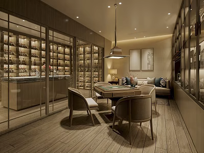 Luxurious Modern Wine Cellar Interior Design With Wine Racks Sofa Table Chairs And Glass Doors 3d model