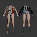Two Futuristic Characters Wearing Mechanical Outfits With Red Blue Straps Shoulder Armor And Boots