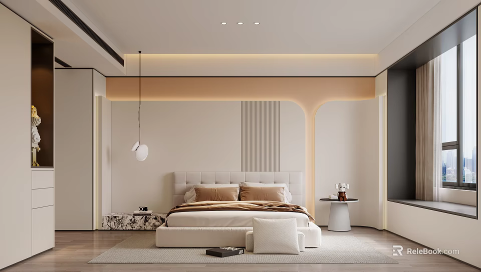 Modern Bedroom Interior With Grey Upholstered Headboard Brown Beige Bedding Footstool And Arched Wall Design 3d model 