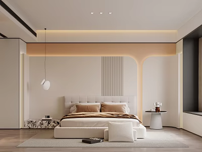 Modern Bedroom Interior With Grey Upholstered Headboard Brown Beige Bedding Footstool And Arched Wall Design 3d model