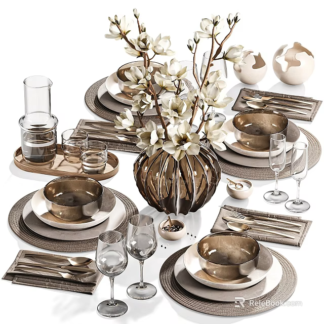 Elegant Dinnerware Set with Plates Bowls Cutlery Decorative Vase Flowers and Wine Glasses 3d model 