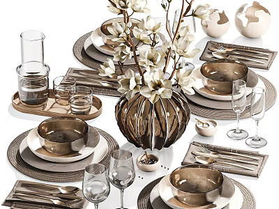Elegant Dinnerware Set with Plates Bowls Cutlery Decorative Vase Flowers and Wine Glasses 3d model