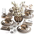 Elegant Dinnerware Set with Plates Bowls Cutlery Decorative Vase Flowers and Wine Glasses