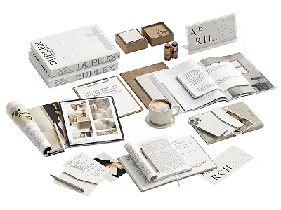 Stylish Open Books And Magazines Display With Coffee Cup Calendar And Notebooks 3d model