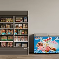 Large Vertical Refrigerated Display Case With Packaged Foods And Small Horizontal Ice Cream Freezer