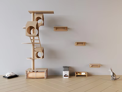Cat Furniture Accessories Set with Tall Wooden Climbing Tower Wall Shelves Litter Box and Scratcher 3d model