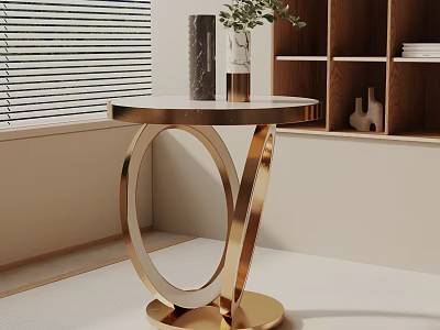 Elegant Modern Bedside Table with Gold Metal Frame Round Top and Green Plant Vase Near Window 3d model
