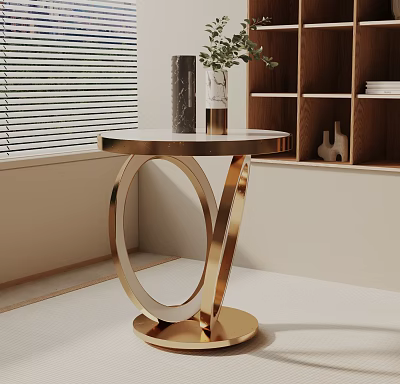 Elegant Modern Bedside Table with Gold Metal Frame Round Top and Green Plant Vase Near Window 3d model