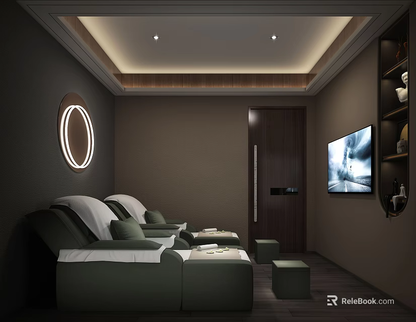 Luxury SPA Sauna Interior Design With Ambient Lighting Comfortable Sofas TV And Shelves 3d model