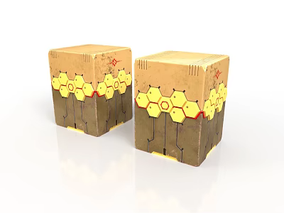Two Decorative Cardboard Boxes With Hexagonal Yellow Patterns And Red Accents For Scene Construction 3d model