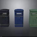 Three Different Colored Litter Bins with Litter Sign Dark Blue Blue and Green