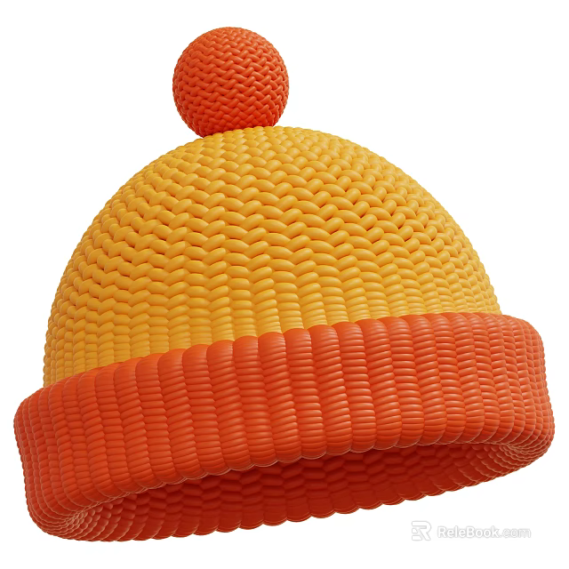 Warm Winter Knitted Beanie Hat In Yellow Orange With Pom Pom Top 3d model 