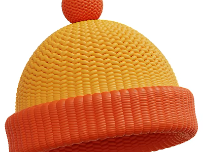 Warm Winter Knitted Beanie Hat In Yellow Orange With Pom Pom Top 3d model