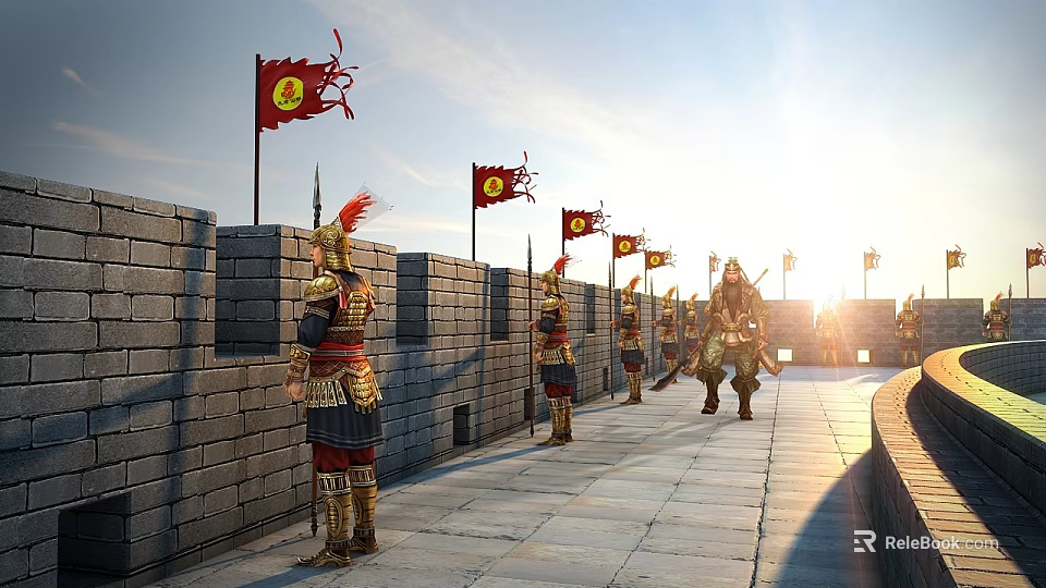 Ancient Armored Soldiers As Game Movie Characters On City Wall 3d model 