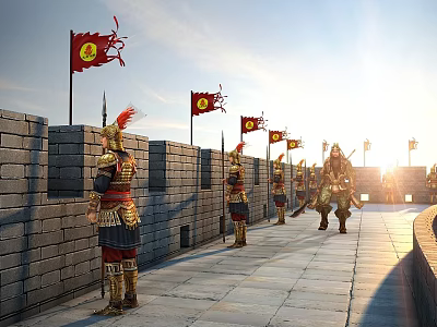 Ancient Armored Soldiers As Game Movie Characters On City Wall 3d model