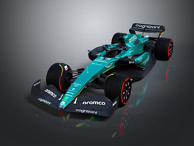 Teal Formula 1 Racing Car With Aramco Cognizant Sponsors And Streamlined Design 3d model