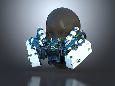 Futuristic Mechanical Robotic Headgear Featuring Black Head Model Blue White Components Green Accents 3d model