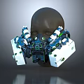 Futuristic Mechanical Robotic Headgear Featuring Black Head Model Blue White Components Green Accents
