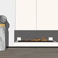 Modern Minimalist Fireplace Interior With Built in White Cabinets And Flames