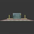 Outdoor Site Layout With Green Building Yellow Poles Gray Surface And Square Ground Patches
