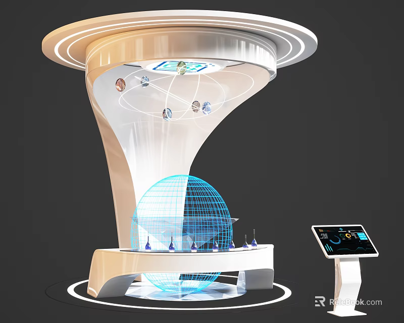 Modern Futuristic Display Shelf Interior With Interactive Globe And Digital Screen Elements 3d model 