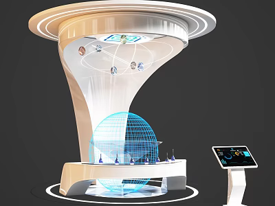 Modern Futuristic Display Shelf Interior With Interactive Globe And Digital Screen Elements 3d model
