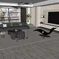 Modern Living Room Interior With Leather Sofa TV Unit Chandelier Plants And Area Rug