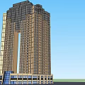 Modern High Rise Building With Glass Curtain Wall Brick Exterior And Blue Glass Entrance