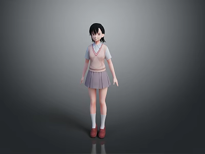 Female Student in School Uniform with Pink Vest White Shirt Gray Pleated Skirt Red Shoes 3d model