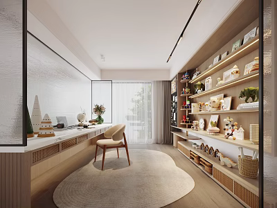Modern Study Room Interior With Desk Chair Bookshelves Rug And Natural Light 3d model