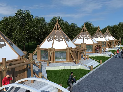 Aerial Planning of Traditional Tents Complex With Green Landscape and Pedestrian Walkway 3d model